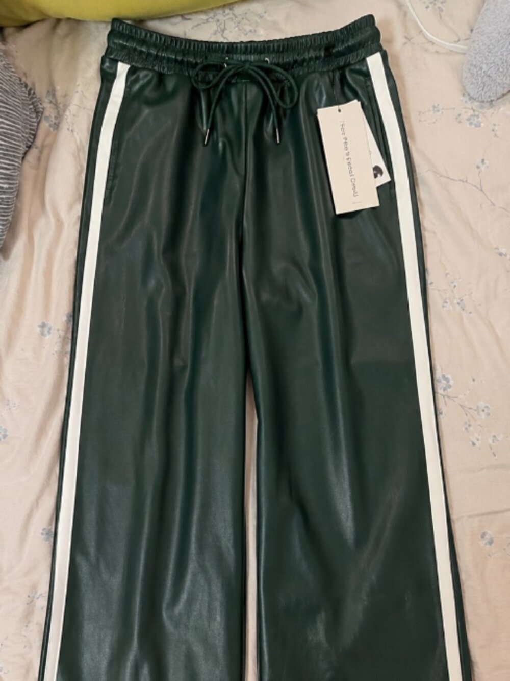 NWT Commense Striped High-Waisted PU Leather Drawstring Track Pants Green XS